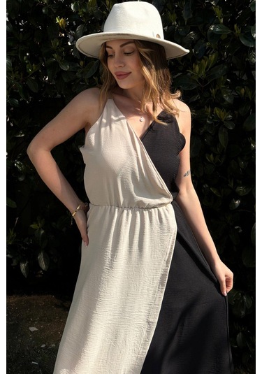 Kadın Siyah & Bej Color Block Kruvaze, Hasır Askı Detaylı, Yırtmaçlı, Uzun Airobin Elbise Siyah Kadın Siyah & Bej Color Block Kruvaze, Hasır Askı Detaylı, Yırtmaçlı, Uzun Airobin Elbise Siyah