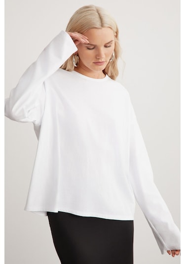 Basıl Kadın %100 Pamuk Bisiklet Yaka Oversize Fit Uzun Kollu Beyaz T-shirt