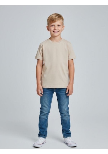 Zekids Çocuk Pamuklu Basic Yuvarlak Yaka T-shirt-16714 Bej