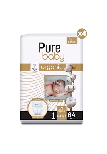 Pure Baby Organik Pamuklu Cırtlı Bez 4'lü Paket 1 Numara Yenidogan 256 Adet 4'lü