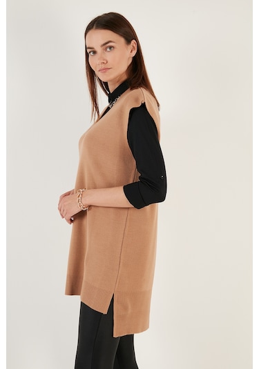 Lela V Yaka Arkası Uzun Triko Bayan Süveter 4616082Y Camel