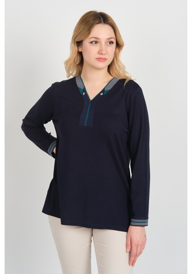 Detay Triko Kadın V Yaka Ve Yakası Taş Detaylı Uzun Kollu Anne Bluz 5711 Lacivert - Yeşil