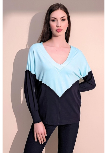 WeShaya Kadın Mint V Yaka Color Block Basic Salaş - Rahat Penye Bluz Mint