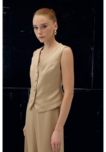 Sateen Klasik Düz Yelek - Camel-137031 CAMEL