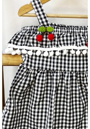 Kız Çocuk Askılı Elbise Dantelli Ekose Desenli B14 Siyah