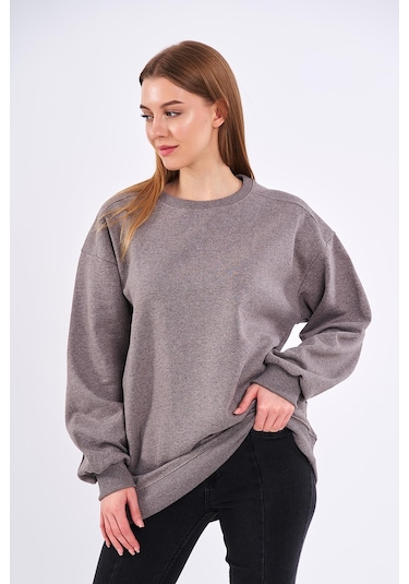 Comeor Kahve Kadın Pamuklu Oversize Basic Bisiklet Yaka Sweatshirt 001