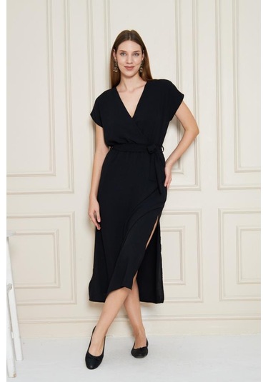 Kadın Kruvaze Yaka Cepli Derin Yırtmaçlı Beli Lastikli Aerobin Günlük Yazlık Elbise 3764341 Siyah