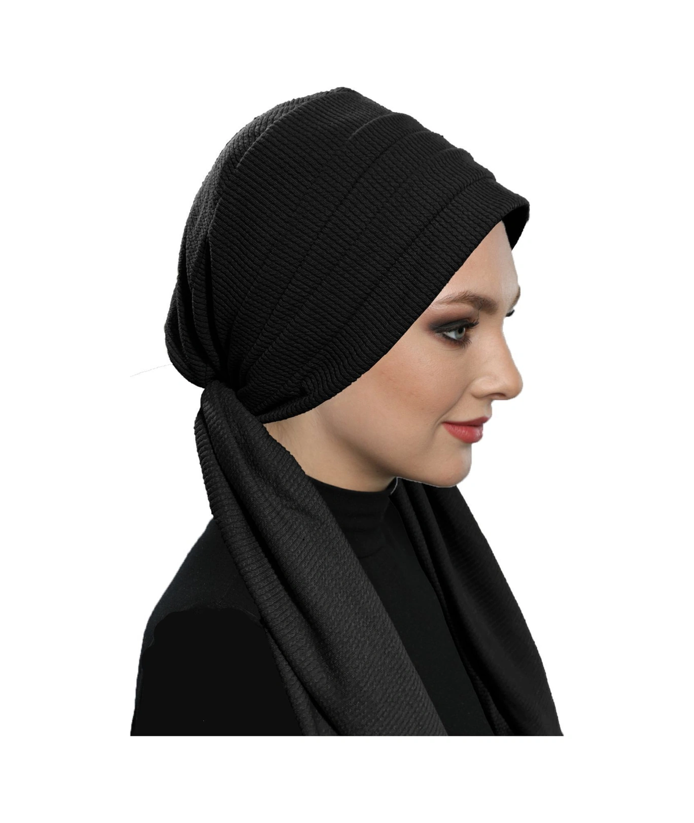 Fitilli Penye Bağlama Siyah Hazır Türban Tesettür Bone Siyah