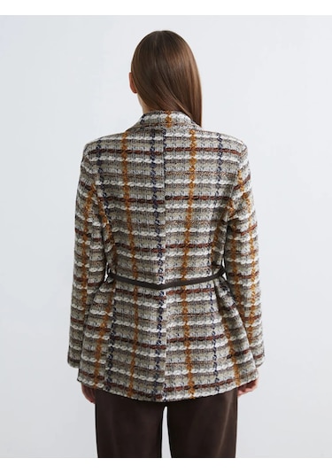 Lc Waikiki Bej Ekose Kemerli Kadın Tüvit Blazer Ceket