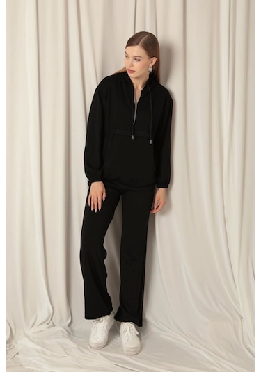 Saklımoda Modal Kumaş Fermuarlı Kadın Siyah Sweatli Takım Çok Renkli