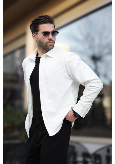 Madmext Beyaz İçi Polarlı Erkek Gömlek E6759 Beyaz