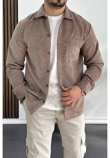 Erkek Kadife Kumaş Gömlek Kahverengi Edw214 Kahverengi