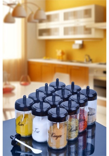 Cam 12 Adet Kapağı Kendinden Kaşıklı Cam Baharatlık Seti Ve 30 Adet Suya Dayanıklı Şeffaf Etiket-30 ŞEffaf