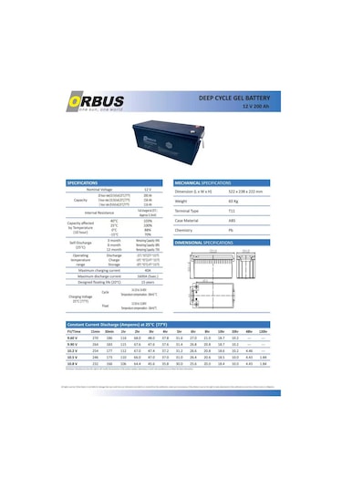 Orbus 12 Volt 200 Amper Jel Akü Derin Döngü - 12v 200ah Deep Cycle