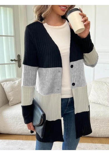 Kadın Uzun Kollu Çok Renkli Önden Düğmeli Uzun Ceket Siyah