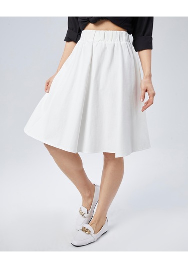 Nurören Flamlı Keten Midi Boy Kloş Etek-beyaz-01 Beyaz