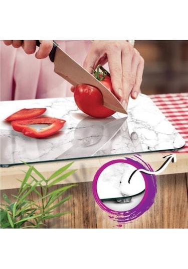 Siyah Beyaz Mermer Desenli Cam Kesim Tablası 20x30 cm