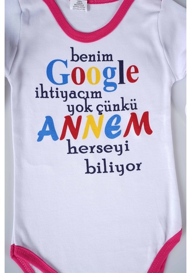 Yeni Sezon Google Annem Yazılı Bebek Çocuk Uzun Kol Pamuk Bady Zıbın Fuşya