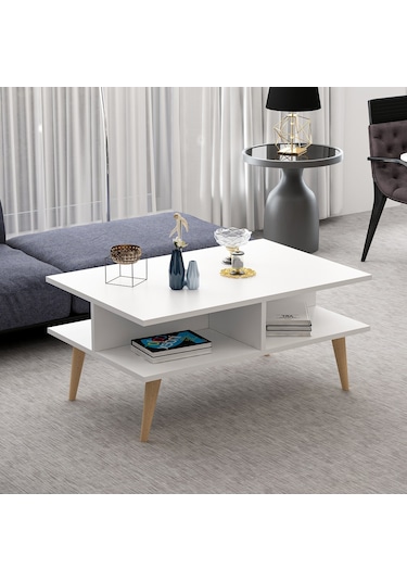 Dekorosso Poloo Ahşap Ayaklı Modern Dekoratif Orta Sehpa Beyaz