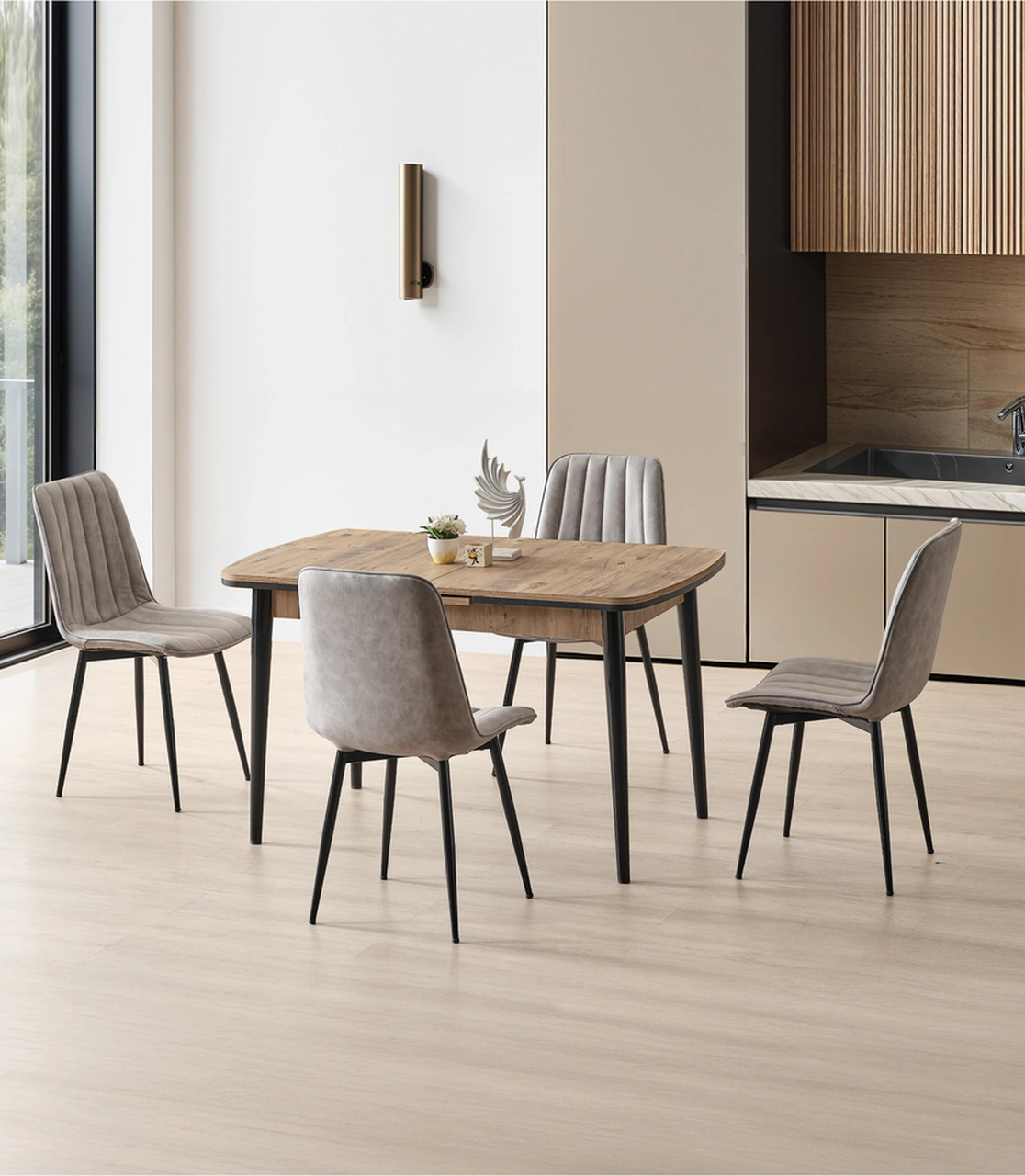 Dengema Berlin 87 Açılır Masa Takımı Ceviz Desen, Siyah Ayak, 80 130 180 Cm, 4 Togo Sandalyeli Ceviz Desen - Siyah Ayak