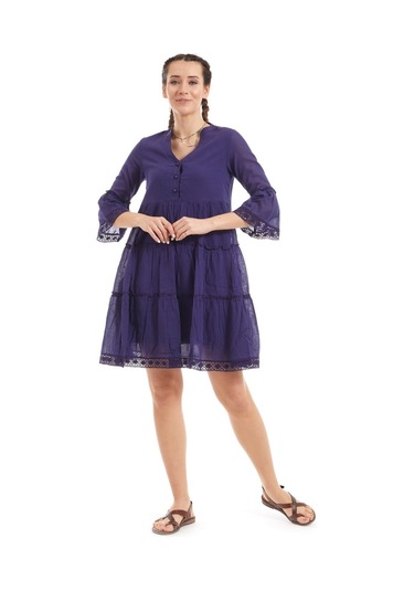 Kısa Kollu Mor Düğmeli Vual Yazlık Elbise