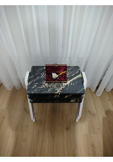 Zigon Sehpa 3'lü Mermer Desenli Tepsi Model Siyah-sarı Mermer Anrasit Ayak Siyah Sarı Mermer