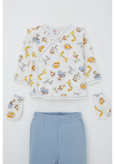 Breeze Erkek Bebek Hastane Çıkışı 5 Li Safari Macerası Sevimli Hayvancıklar Desenli 0-3 Ay, Beyaz Beyaz