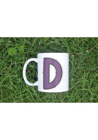 D Harfi Mor Puantiyeli Kupa Bardak - Polka Dot Tasarım Kahve Çay Bardak - Kişiye Özel Hediyelik Beyaz
