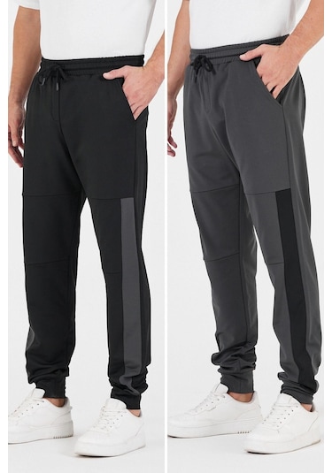 Erkek Siyah-Antrasit Standart Fit Normal Kesim Paça Ribanalı Cepli Rahat Jogger 2'li Eşofman Altı Mtlce101-2 Siyah - Antrasit