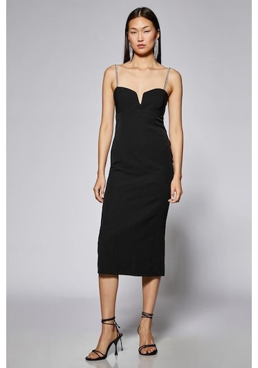 Koton Kadın Taşlı Askılı Kalp Yaka Midi Boy Elbise