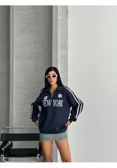 Yarım Fermuarlı Newyork Yazılı Sweat Lacivert