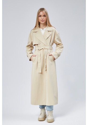 Oversize Rüzgarlık Detaylı Trençkot Taş