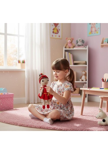 Kırmızı Elbiseli El İşi Amigurumi Oyuncak Kız Bebek Kırmızı