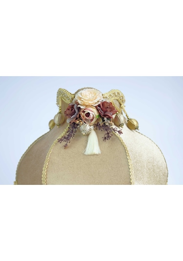 Kadife Kaplı Çiçek Dekorlu Gold Kaplama Vintage Abajur 13798424 Diğer