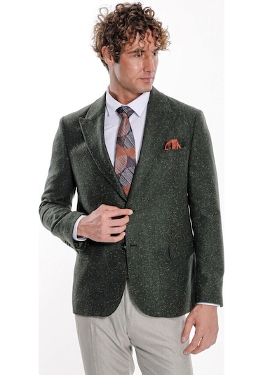 Kazayağı Desenli Yün Yeşil Erkek Ceket Taba