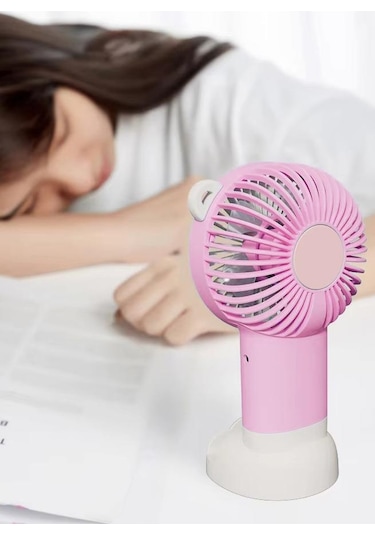 Şarjlı Telefon Standlı Mini El Fanı Seyahat Masaüstü Vantilatör Taşınabilir Mini Fan Pembe 0808