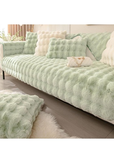 Yapay Tavşan Kürk Kanepe Örtüsü Kaymaz Ve Toz Geçirmez Kalın Yumuşak Kanepe Örtüsü Mobilya Koruyucu Yeşil