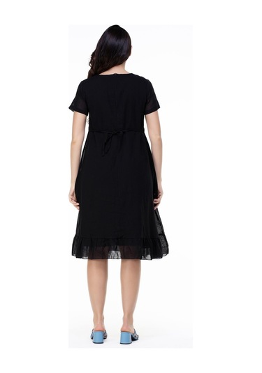 Kısa Kol Şile Bezi Mehtap Midi Boy Nakış Detaylı Elbise Siyah Syh-siyah Siyah