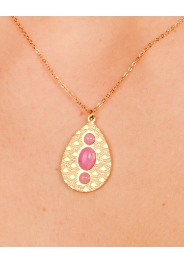 Lekka Design Kadın Takı Kararmaz Çelik Pudra Pembe Taşlı Damla Antik Kolye