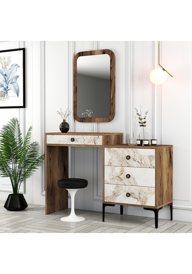 Lizbon Makyaj Masası Aynalı - Ceviz / Beyaz Mermer