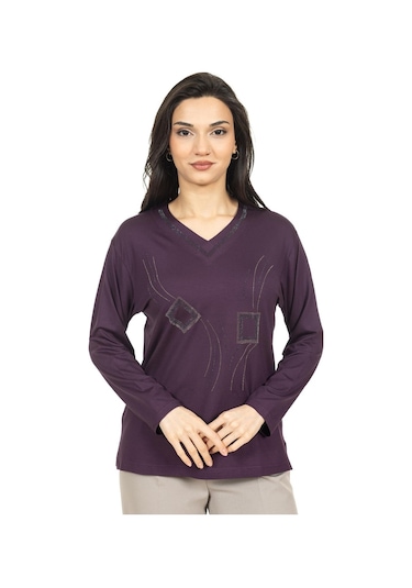 Kadın Orta Yaş Ve Üzeri Yeni Model V Yaka Taş İşlemeli Anne Penye Bluz 30560-mürdüm