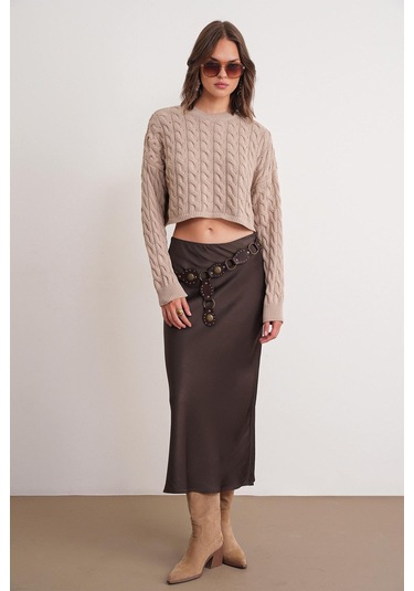 6863 Kadın Saç Örgülü Crop Triko Kazak Vizon Vizon