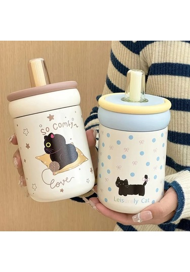 Sızdırmaz 500ml Yalıtımlı Su Bardağı Karikatür Siyah Kedi Termos Mat Siyah