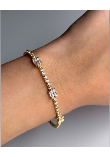 Baget Taş Detaylı Altın Kaplama Zarif Kadın Çelik Bileklik Altın