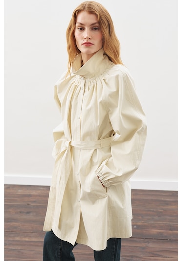 Oversıze Bağlamalı Midi Trençkot Taş Taş