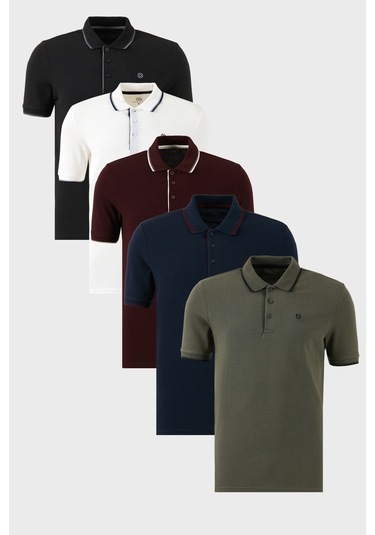 Buratti Pamuklu Slim Fit Şerit Detaylı Düğmeli Polo Yaka 5'Li Paket Erkek T Shirt 5902118S5 Siyah-Lacivertbordo-Beyaz-Vişnebeyaz-Haki
