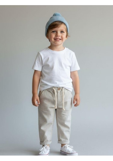 Zekids Erkek Çocuk Desenli Keten Pantolon-16807 Yeşil
