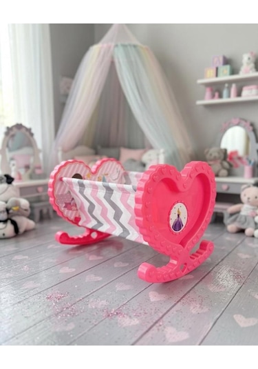 Sallanabilir Prenses Kalp Figürlü Oyuncak Bebek Beşiği Evcilik Oyun Seti