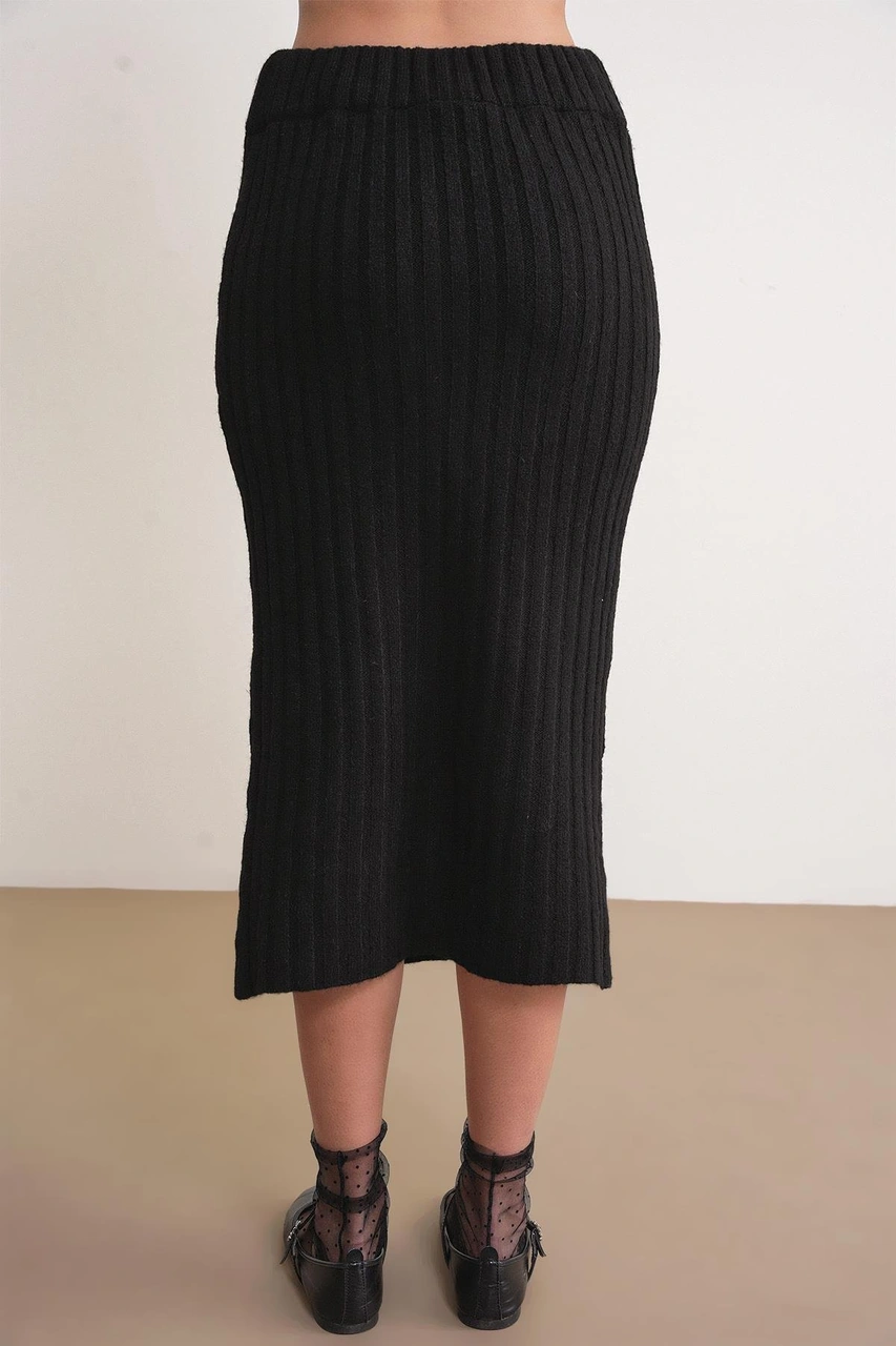 6929 Kadın Fitilli Triko Etek Siyah Siyah