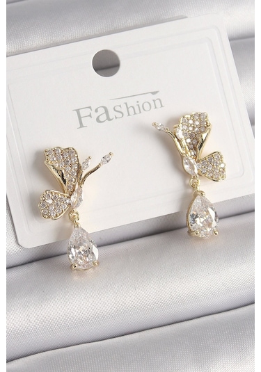 Pirinç Gold Renk Zirkon Taşlı Turna Kuşu Model Sallantı Detay Kadın Küpe Çok Renkli